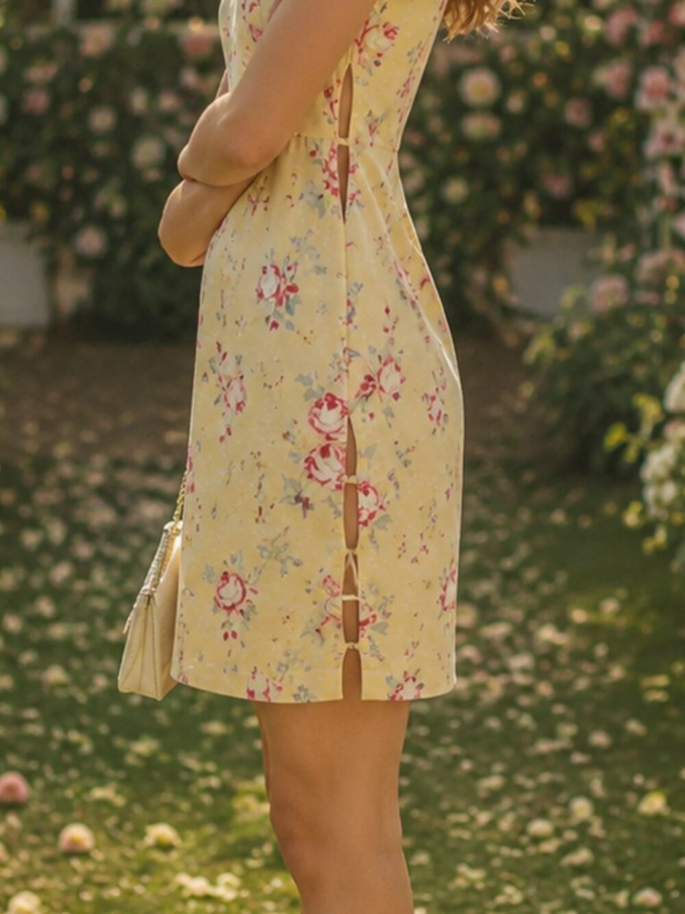 Zara Lt Yellow Short Sleeve Dress wPink Rose Floral Print Cutout Slits - Picture 2 of 16